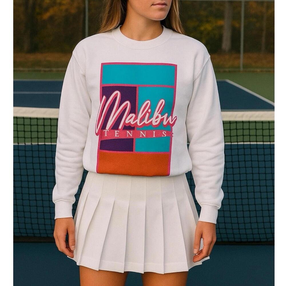 Malibu Tennis Sweatshirt M White Graphic Sporty Colorblock Pullover Retro‎ Style